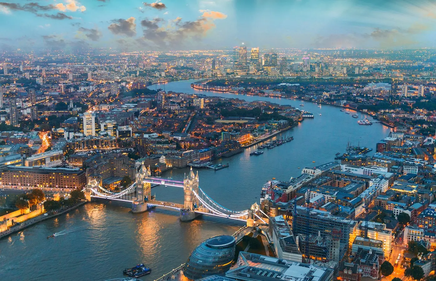 Aerial view of London cityscape with Tower Bridge